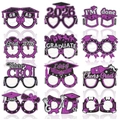 Detailed grid showing 12 styles of 2026 purple glitter graduation party paper glasses - Purple