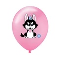 Close-up of 12-inch pink latex balloon with cartoon husky wearing party hat for dog birthday - Husky Pink Style