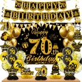 Complete black and gold 70th birthday party set with banner, balloons, and honeycomb centerpieces - 70th Birthday Set