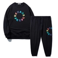 Black cotton sport tracksuit with colorful circular letter print on joggers and sweatshirt - 3XL / Top And Pants / Black