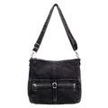 Borsa a tracolla in denim lavato retrò con cerniere multiple e tracolla regolabile - Nero