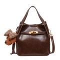 Vintage dark brown oily PU leather bucket bag with golden buckle and bear charm - With Pendant / Brown