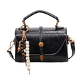 Retro black leather handbag with oil wax texture and colorful beaded wood charm - Black