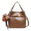 Retro coffee brown bucket bag with crinkled texture, gold lock, and cute bear charm - With Pendant / Khaki