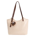 Chic beige tote bag with brown straps and a cute plush monster charm for women - With Pendant / White