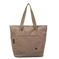 Minimalist khaki nylon tote bag with wide woven handles and brand woven label - Khaki