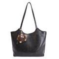 Retro black faux leather tote bag with vintage texture and brown plush monster charm - With Pendant / Black