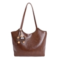 Dark brown large capacity faux leather tote bag with furry monster charm detail - With Pendant / Brown