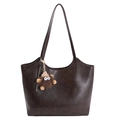 Dark coffee vintage PU leather tote bag with a cute plush monster charm and long straps - With Pendant / Coffee