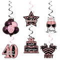 Rose gold 40th birthday hanging swirls featuring crown balloon and cake motifs - 40th Birthday Hanging Swirls