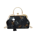 Sac de soirée vintage chinois avec broderie florale dorée et poignée en anneau doré - Noir