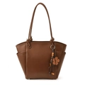 Sac fourre-tout en cuir marron foncé avec poches latérales et breloque fleurie rétro - Avec Pendentif / Marron