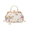 Sac coquille en jacquard beige avec poignée dorée et détail de long gland jaune - Blanc Cassé
