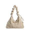 Fashionable beige pleated nylon cloud bag with soft padded handle and drawstring detail - Khaki