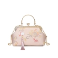 Sac à main en soie rose brodée avec fermoir vintage et bandoulière chaîne dorée - Rose