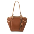 Grand sac cabas marron foncé en similicuir avec lanières beige et breloque fleur - Avec Pendentif / Marron