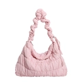 Pink quilted puffer cloud shoulder bag with ruffled handle and horizontal stitching - Pink