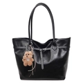Classic black leather tote bag with stylish buckle detail and plush bear charm - With Pendant / Black