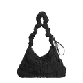 Fashionable black nylon pleated cloud shoulder bag with soft quilted texture and drawstrings - Black