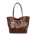 Brown leather tote bag with long handles and a cute plush bear charm accessory - With Pendant / Brown
