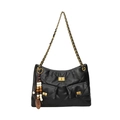 Borsa a spalla trapuntata nera con catena dorata e ciondolo vintage in legno - Nero