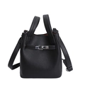 Black litchi grain leather bucket bag with silver twist lock and crossbody strap - Black