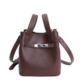 Dark brown leather bucket bag with litchi texture and silver metallic twist lock - Coffee