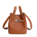Brown litchi grain leather bucket bag with silver lock and adjustable strap - Brown