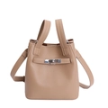 Khaki pebbled leather bucket bag with silver turn-lock and adjustable shoulder strap - Khaki