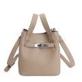 Chic khaki pebbled leather bucket bag with silver metal lock and adjustable shoulder strap - Gray