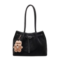 Bolso tote retro de ante negro con costuras blancas y colgante de peluche incluido - Con Colgante / Negro