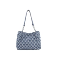 Blauwe denim shopper met dambordpatroon en rafelranden met ketting handvatten - Blauw