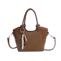 Brown bucket bag with checkered texture, knot handle and bohemian bead charm detail - Brown