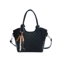 Black PU leather bucket bag with checkered pattern and colorful beaded charm - Brown