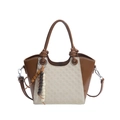 Brown and beige patchwork bucket bag with checkered texture and beaded tassel charm - White