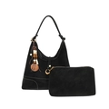 Borsa a tracolla in pelle scamosciata nera con pochette e ciondolo decorativo in legno - Nero