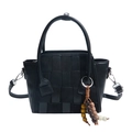 Retro black woven faux leather tote bag with wooden bead charm for winter 2025 - 19*10.5*17 / Black