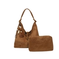 Set borsa hobo in camoscio marrone con tracolla e ciondolo in perle di legno stile boho - Marrone