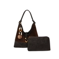 Set borsa hobo in finta pelle scamosciata marrone con perline di legno e nappe - Marrone
