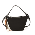 Black faux suede handbag with braided handles and wooden bead pendant for women - Black (With Charm)
