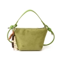 Grass green frosted suede crossbody bag with wood bead tassel and knotted handle detail - Green (With Pendant)