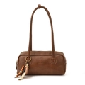 Brown faux leather shoulder bag with wooden bead charm and minimalist lettering - Brown