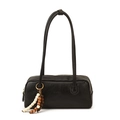Classic black baguette shoulder bag with beaded charm and sleek faux leather finish - Black