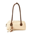Creamy white bowling style underarm bag with dark brown straps and wooden bead charm - Off White
