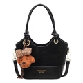 Borsa a secchiello nera con texture scamosciata, scritte oro e charm a forma di orso - Con Ciondolo / Nero