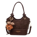 Borsa a secchiello vintage caffè scuro con texture scamosciata e ciondolo a orso - Con Ciondolo / Marrone