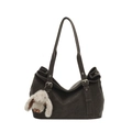 Large charcoal grey faux leather tote bag with stylish plush bunny keychain and silver buckles - With Charm / Brown