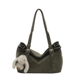 Deep olive green suede tote bag with long straps and a cute grey bunny plush charm - With Charm / Green