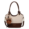 Borsa a secchiello bicolore crema e marrone con simpatico ciondolo a forma di orsetto - Con Ciondolo / Bianco Sporco
