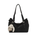 Black large capacity shoulder tote bag with grey rabbit pendant and adjustable straps - With Charm / Black